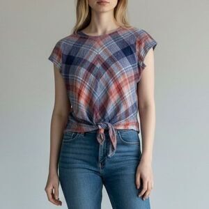 Cloth & Stone Plaid Tie Front Gauze Crop Top Women Small Blue Rust Cap Sleeve